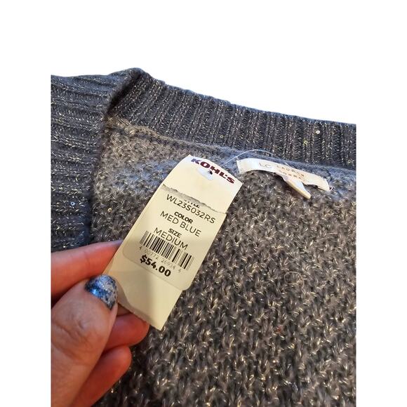 LC Lauren Conrad Womens Sz M V NEck Cardigan Sweater Blue Metallic Weave NEW - Picture 3 of 6
